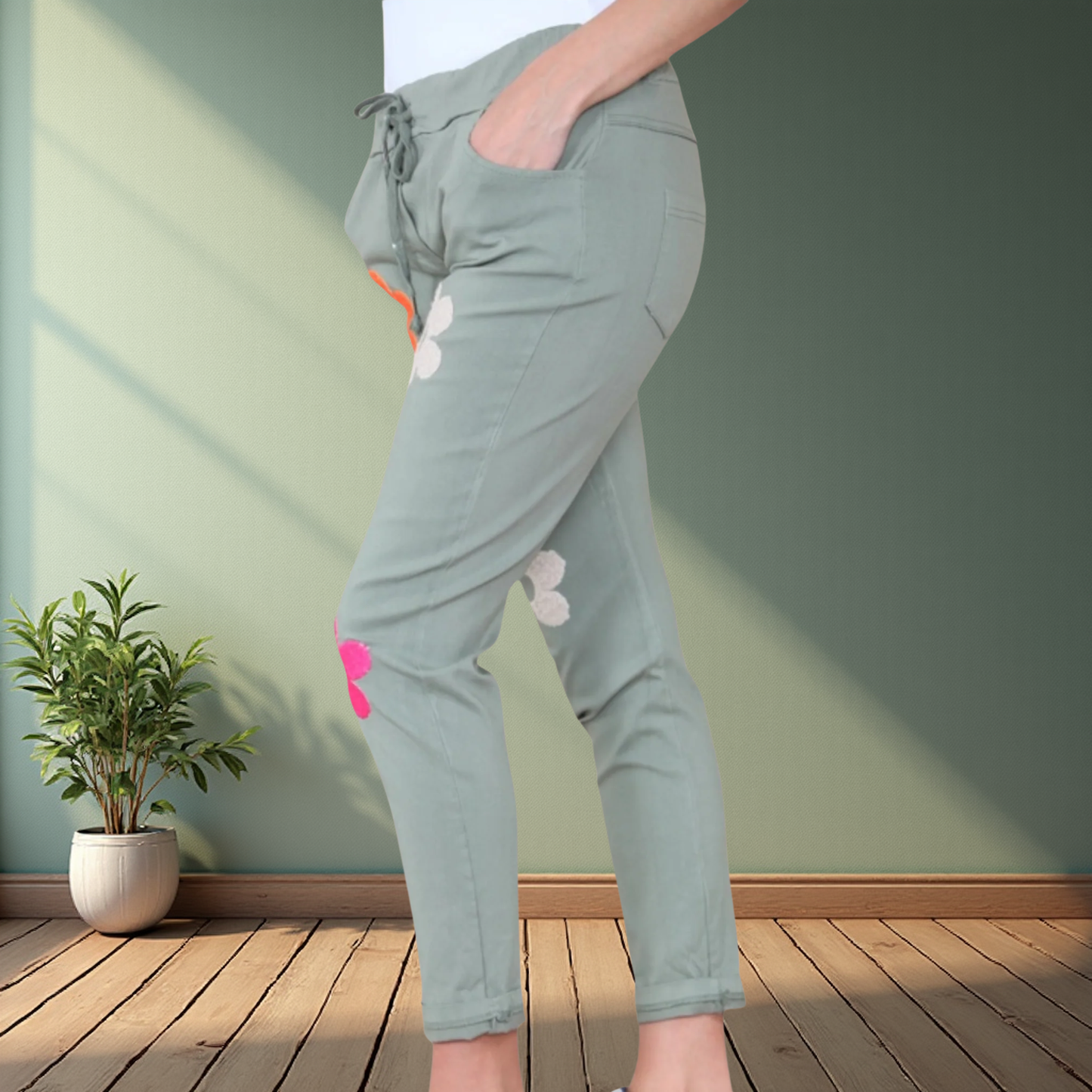 Flower Motive Magic Stretch Trousers - Available In Various Colours