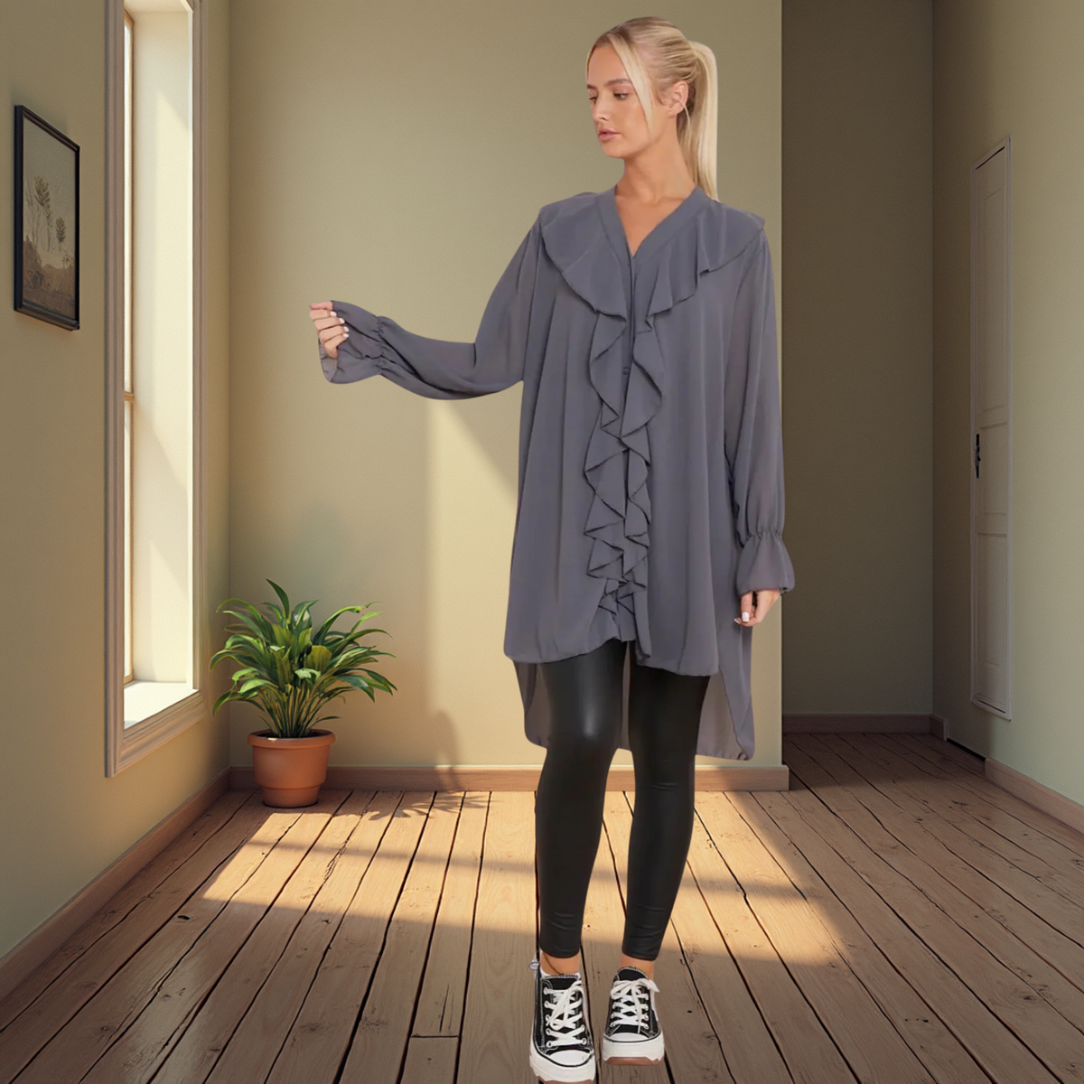 Grey Lined Ruffle Blouse - Also Available In Green