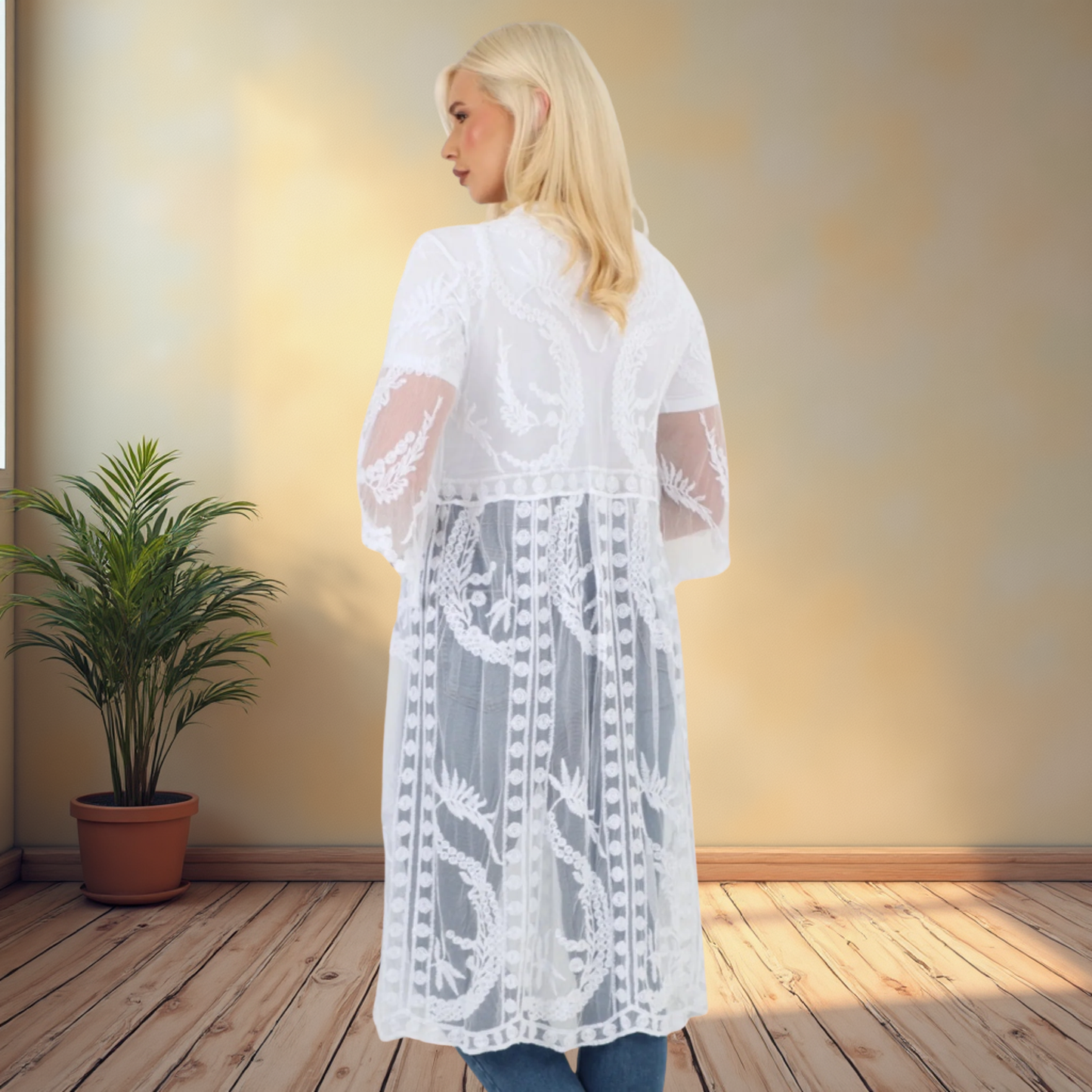 White Tie Front Lace Kimono