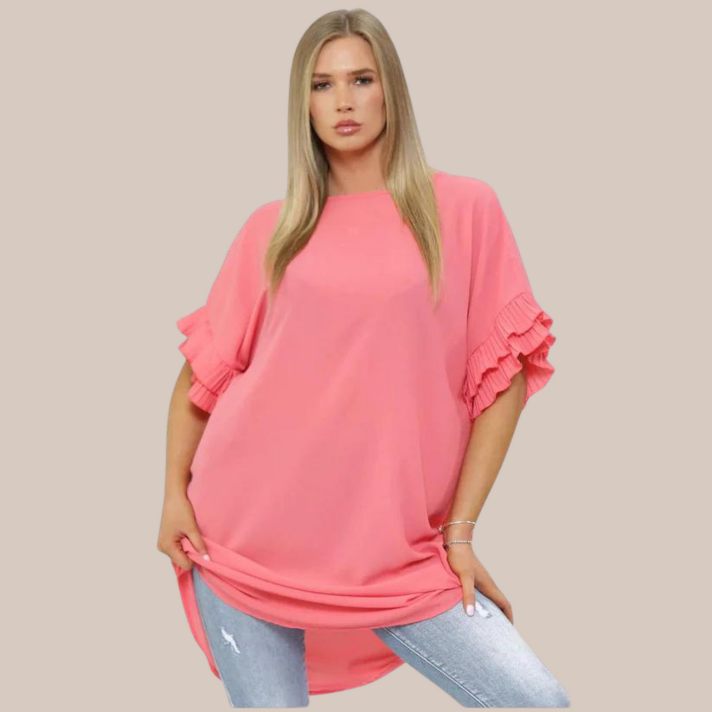 Hem pleated sleeve dress also available in coral .Can also be worn as a top
