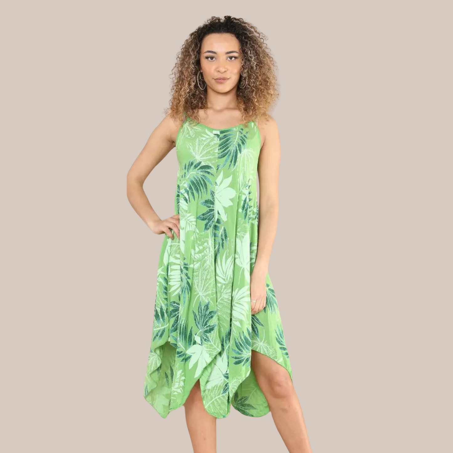 Leaf print handkerchief dress. Available in various colours