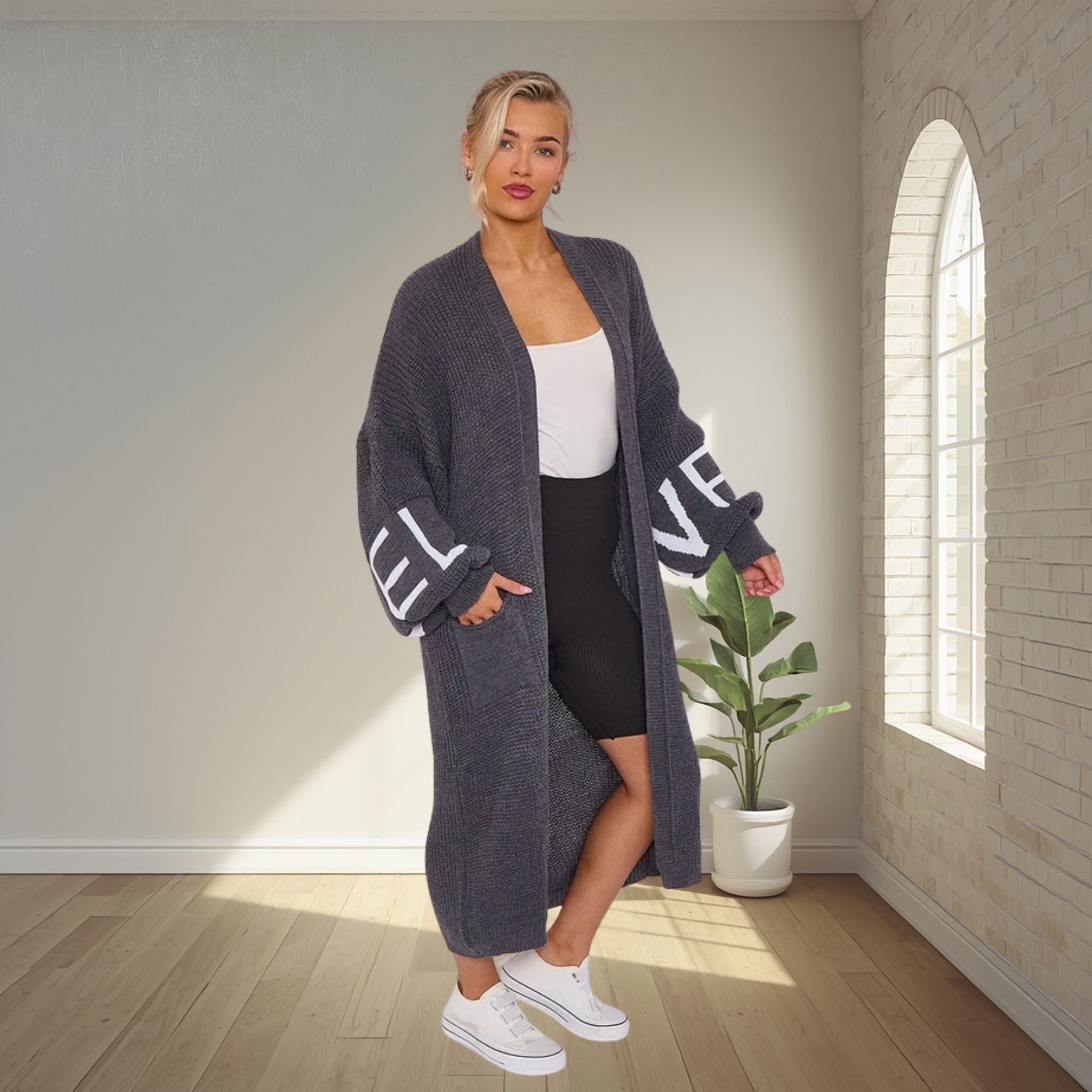Love Detail Balloon Sleeve Open Cardigan-Available In Various