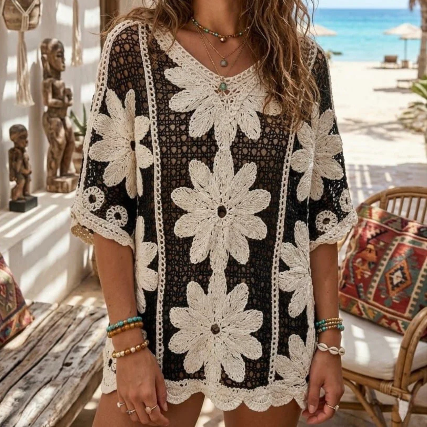 Floral V-Neck Crochet Top