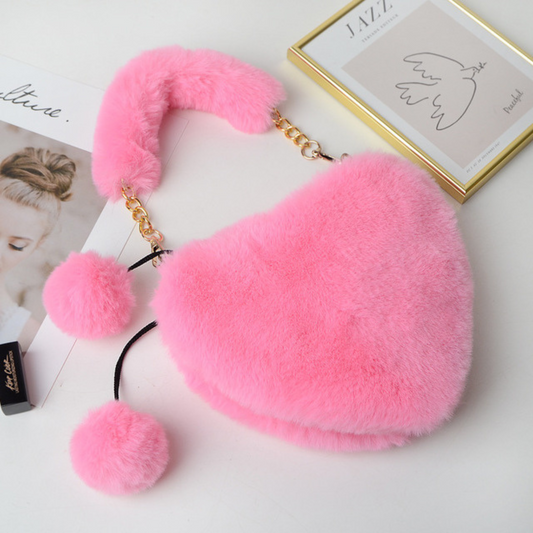 Faux fur Small Heart Pom Pom Bags. - Available In Various Colours