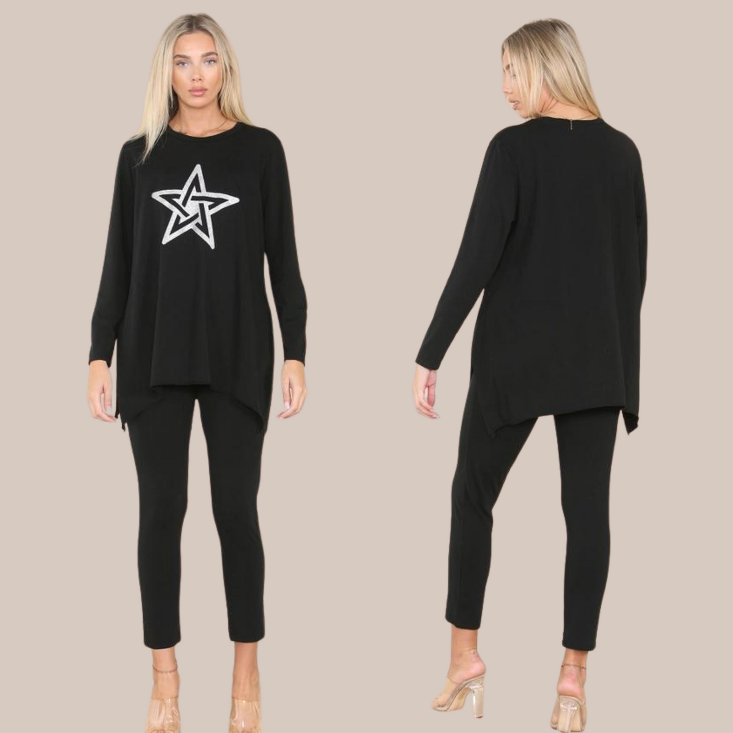 Relaxed set with star design. Also available in black