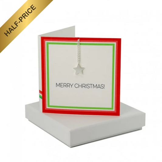 Merry Christmas boxed greeting card with a star necklace