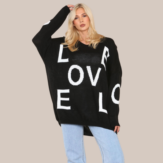 Oversized love printed jumper. Also available in black