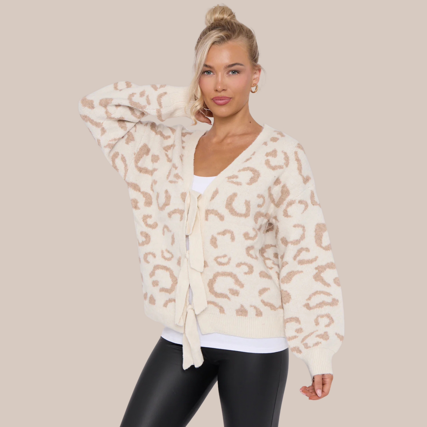 Leopard print tie front jumper. Also available in cream