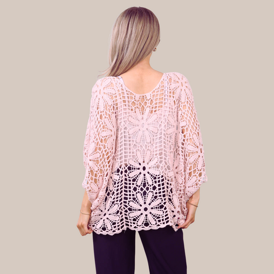 Floral pattern crochet top. Also available in Pink