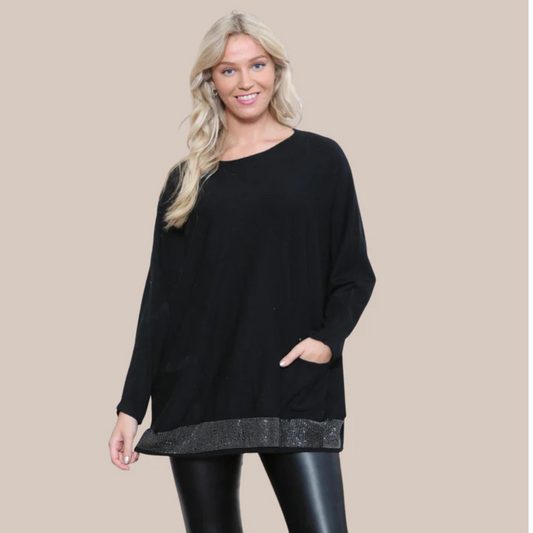 Black top with sparkle hem.