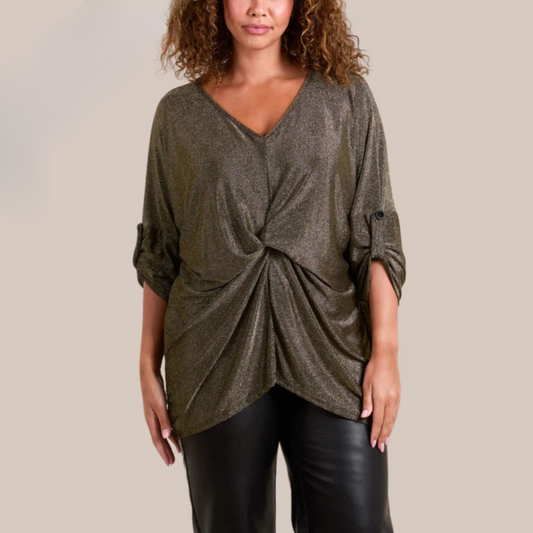 Twisted front 3/4 sleeve shimmer top