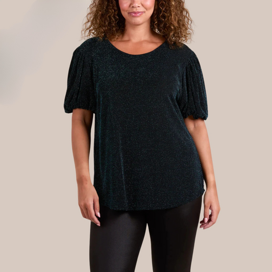 Teal Glitter Balloon Sleeve Metallic top