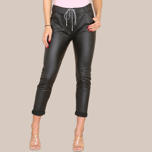 Black Faux leather wet look magic trousers. Also available in navy