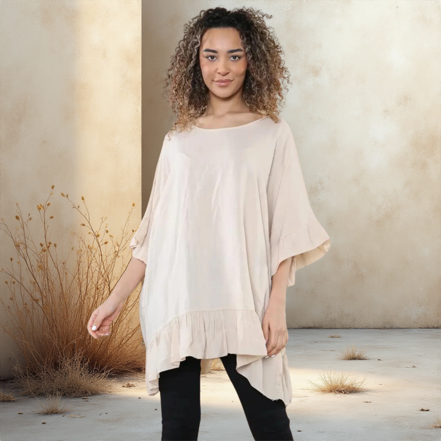 Beige Round Neck Lightweight Shirt With Frill Trim