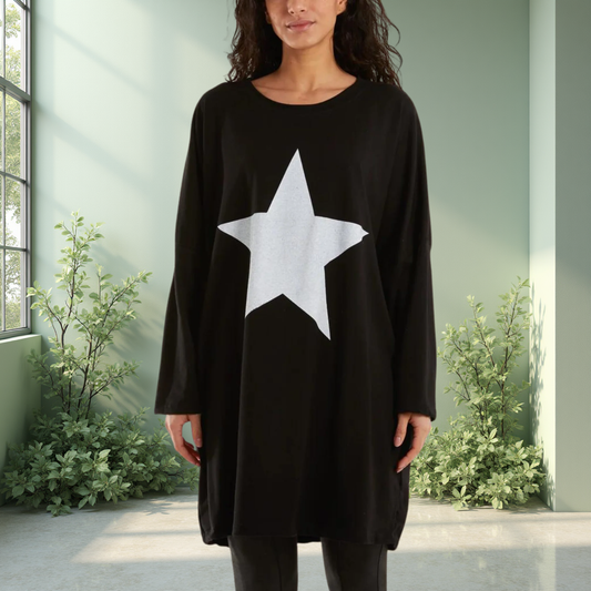 Black Foil Star Side Pocket Sweatshirt Dress