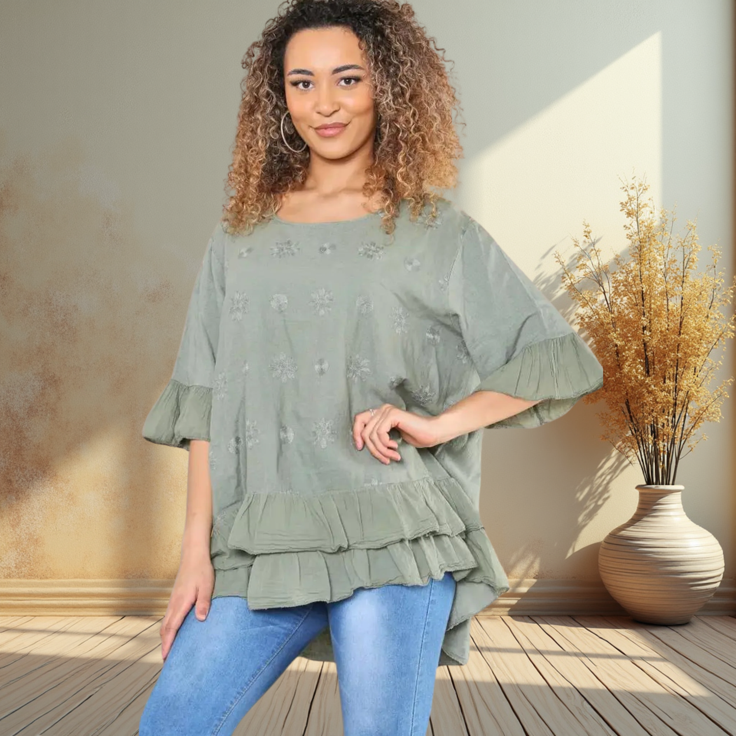 Floral Embroidered Ruffle Top- Also Available In Blue