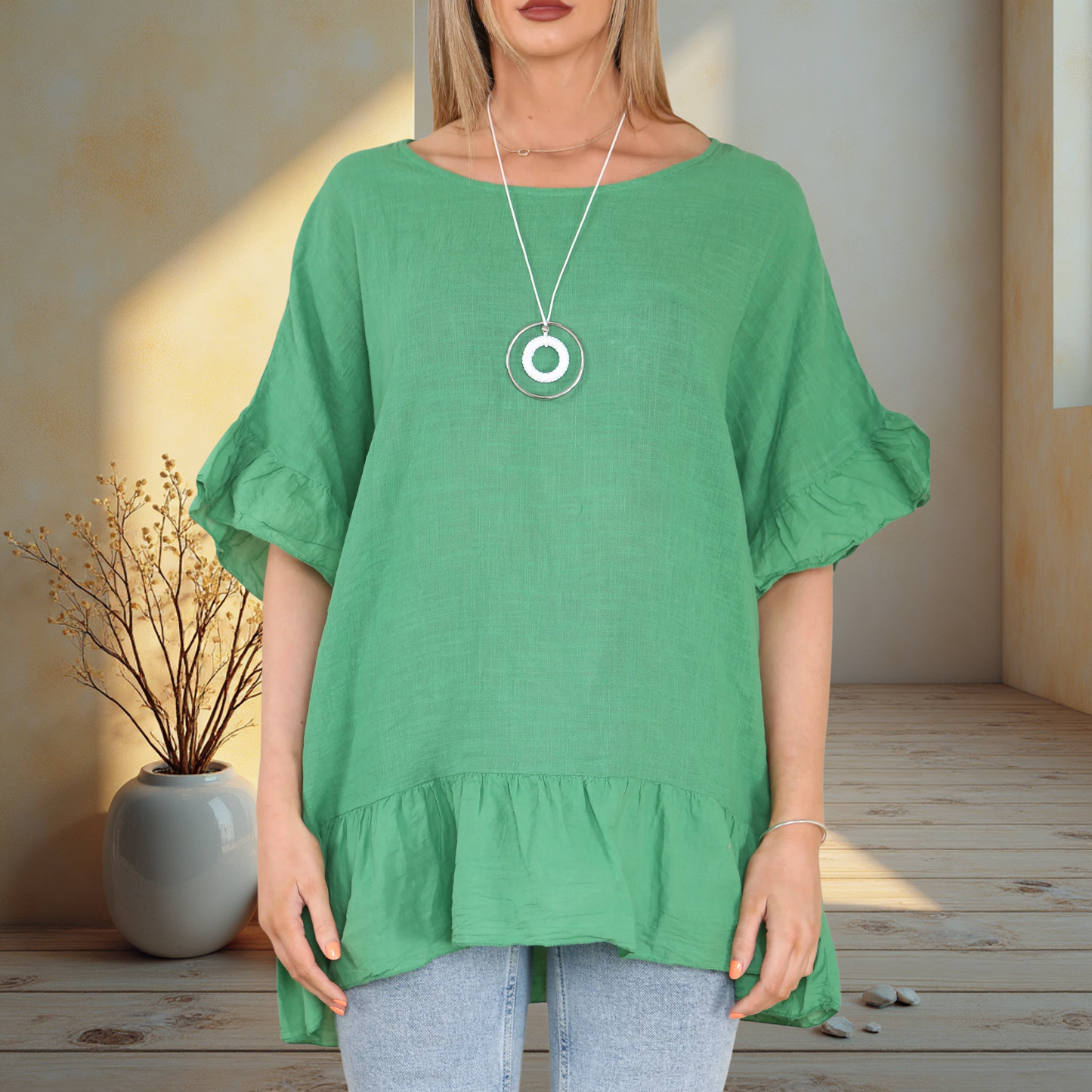 Frill Hem & Sleeve Floaty Top - Available In Various Colours