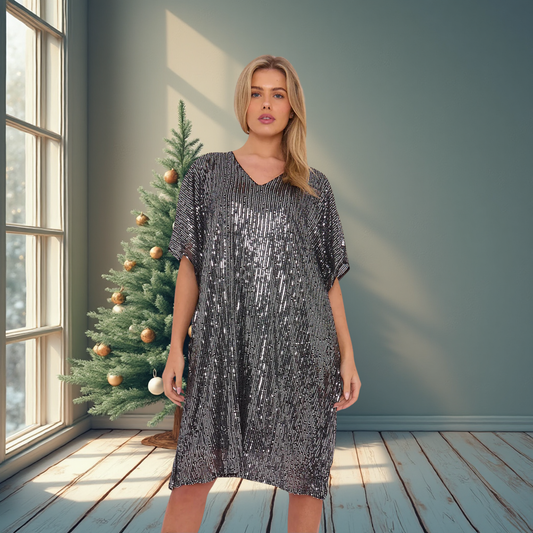 Sequin V Neck Tunic Dress - Available In Various Colours
