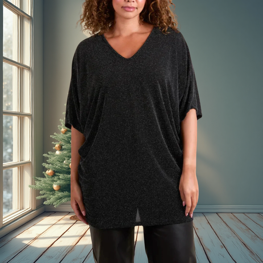Black Glitter Lurex V/Neck Tunic