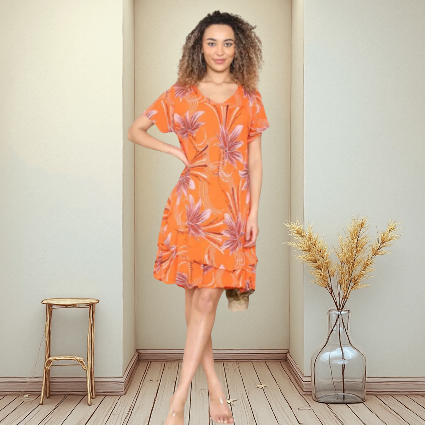 Leaf Print Short Sleeve Dress