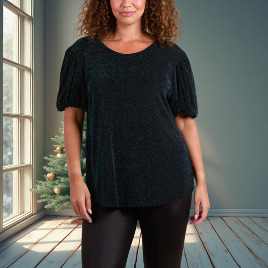 Teal Glitter Balloon Sleeve Metallic top