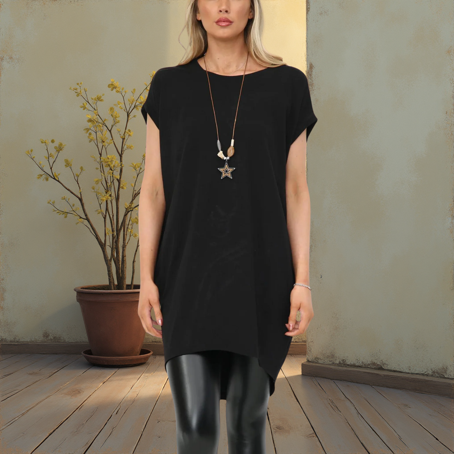 Long T-Shirt With Pockets -  Available In Various Colours -  Necklace Included
