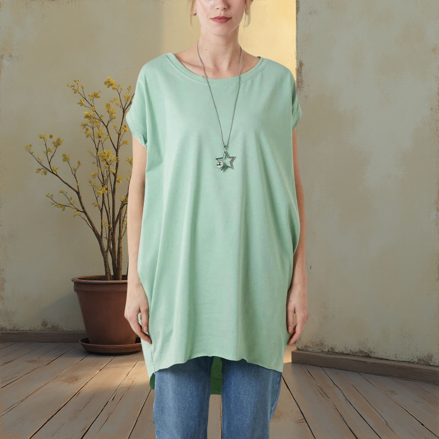 Long T-Shirt With Pockets -  Available In Various Colours -  Necklace Included