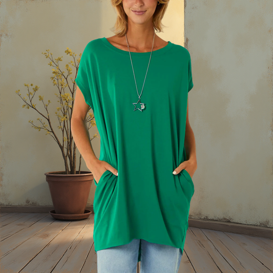 Long T-Shirt With Pockets -  Available In Various Colours -  Necklace Included
