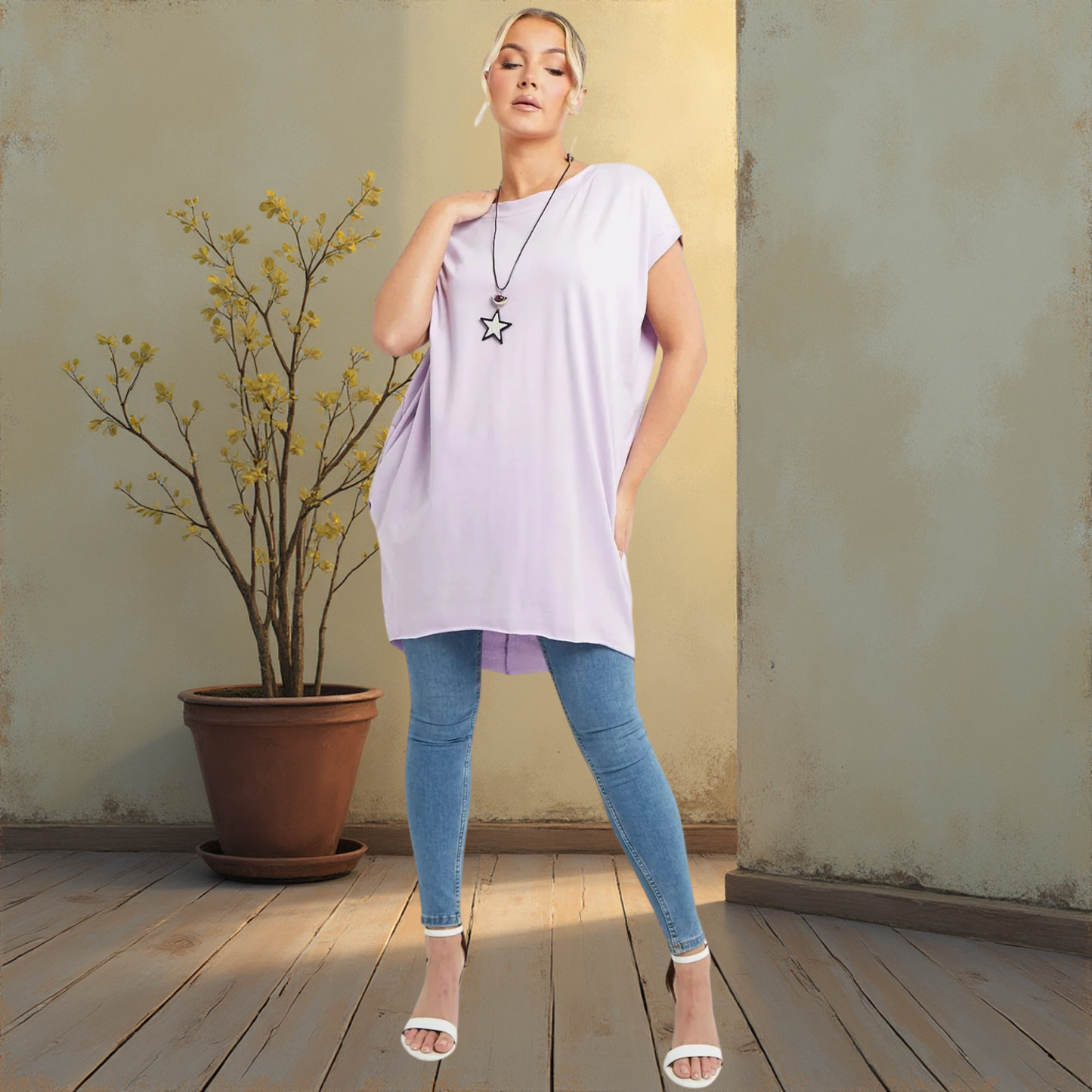 Long T-Shirt With Pockets -  Available In Various Colours -  Necklace Included