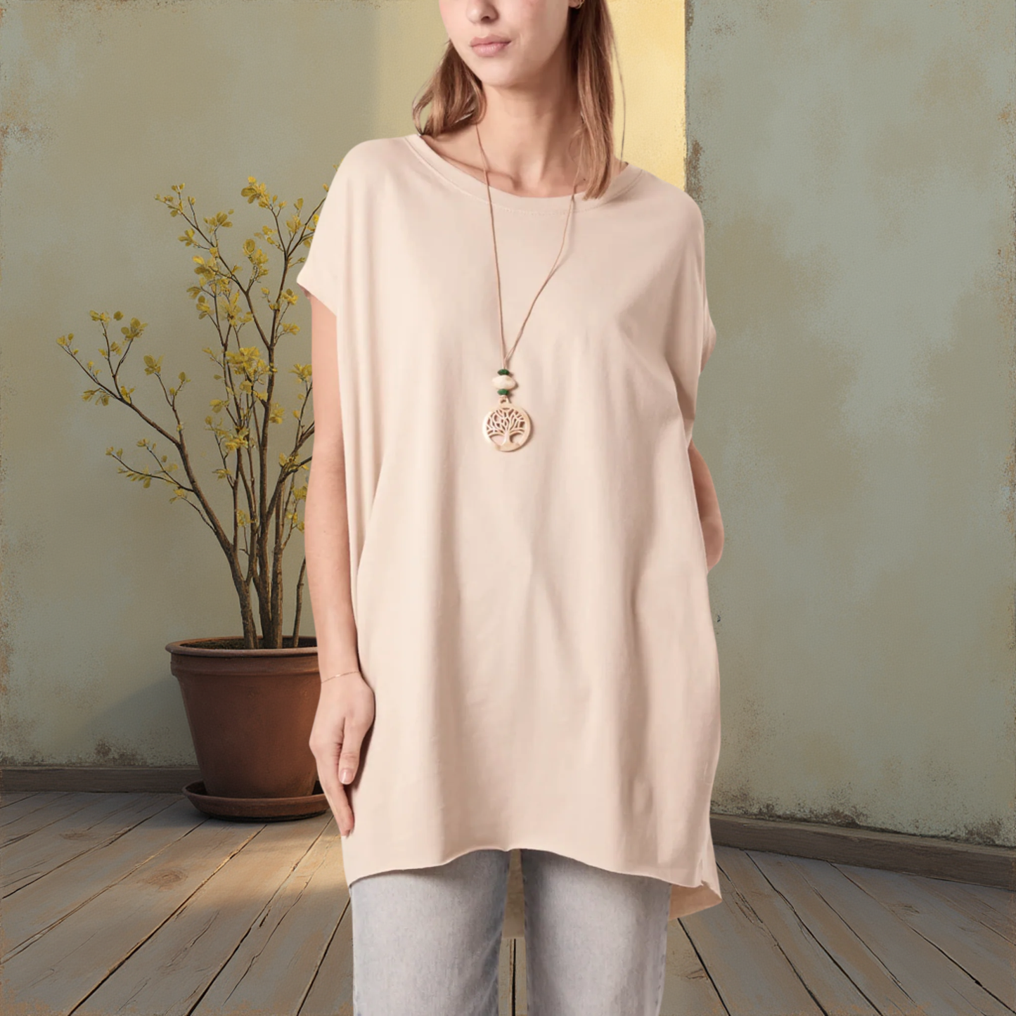 Long T-Shirt With Pockets -  Available In Various Colours -  Necklace Included