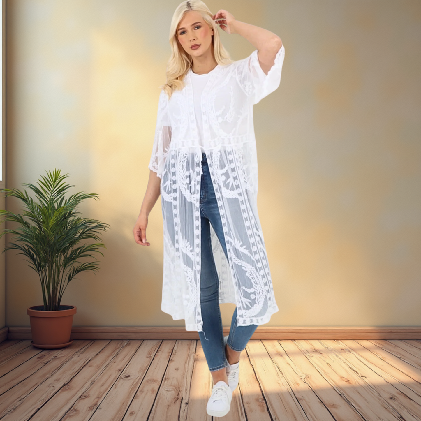 White Tie Front Lace Kimono