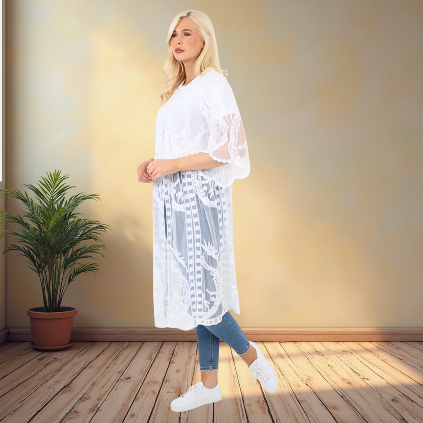 White Tie Front Lace Kimono