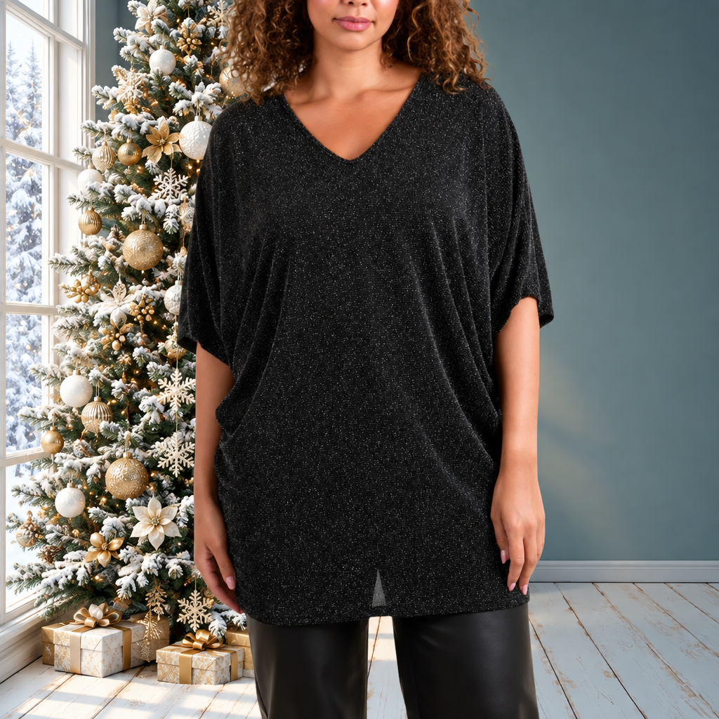 Black Glitter Lurex V-Neck Tunic