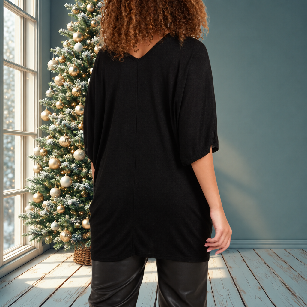 Black Glitter Lurex V-Neck Tunic