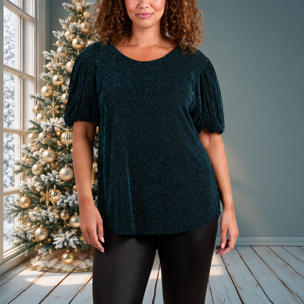 Teal Glitter Balloon Sleeve Metallic top