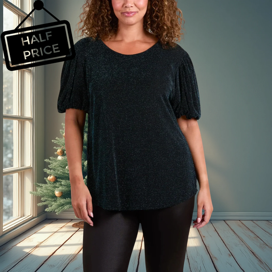 Teal Glitter Balloon Sleeve Metallic top