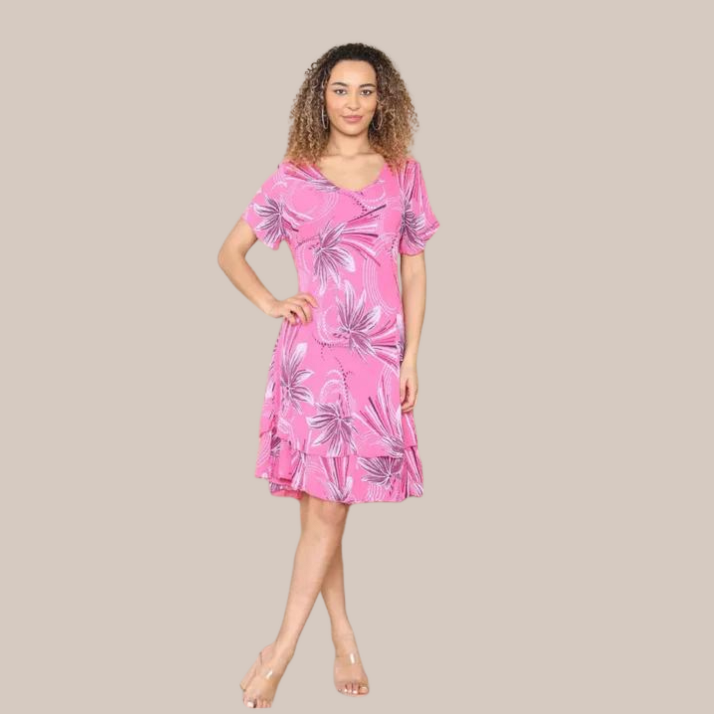 Leaf print short sleeve dress .Available in other colours.