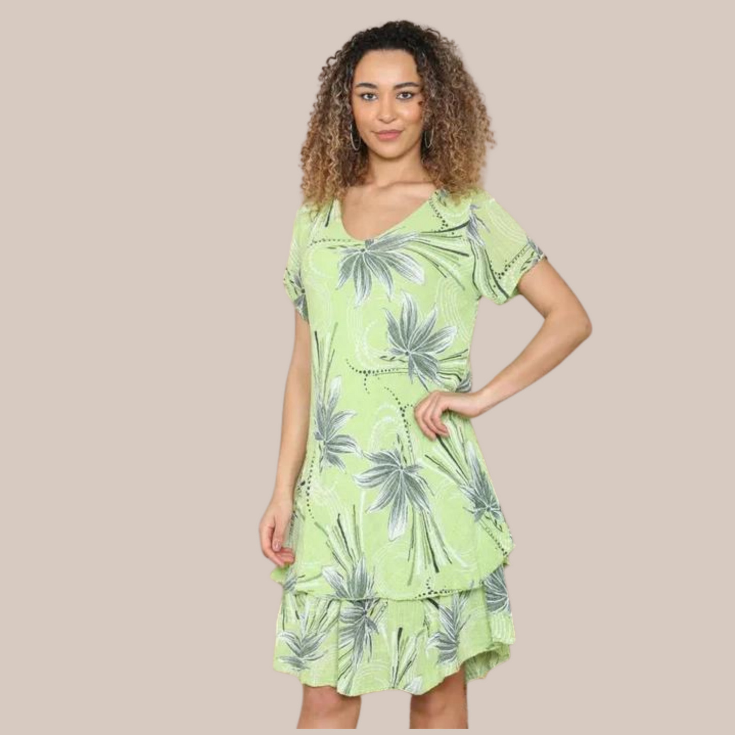 Leaf print short sleeve dress .Available in other colours.