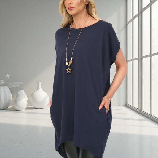 Long T-Shirt With Pockets -  Available In Various Colours -  Necklace Included