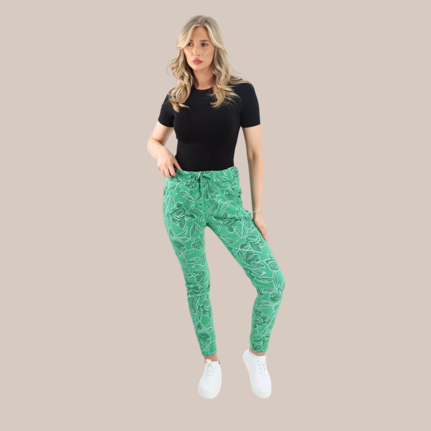 Floral print stretch magic trousers. Also available in blue.