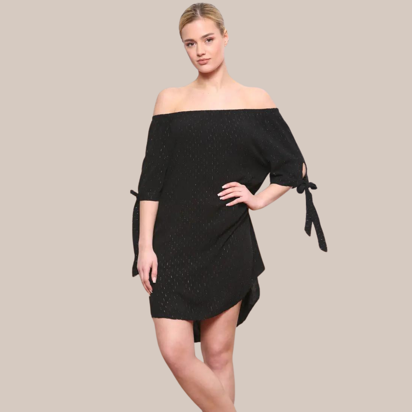 Shimmer off the shoulder dress .Also available in black