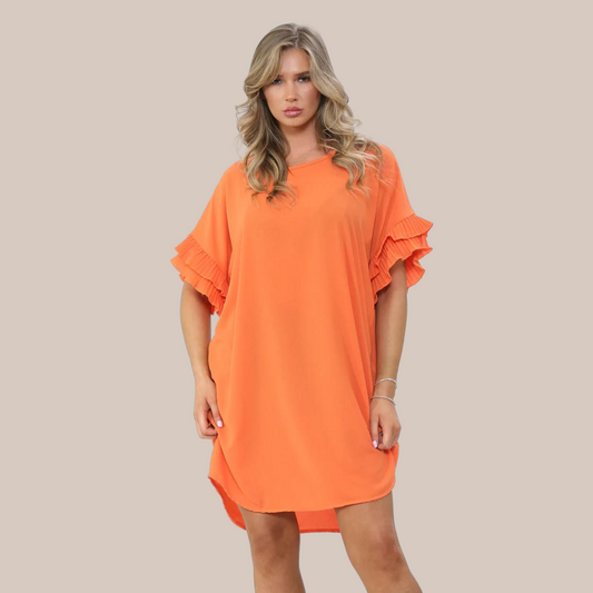 Hem pleated sleeve dress also available in coral .Can also be worn as a top