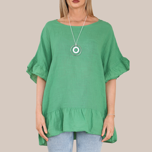 Frill Hem & Sleeve Floaty Top. Available in various colours .