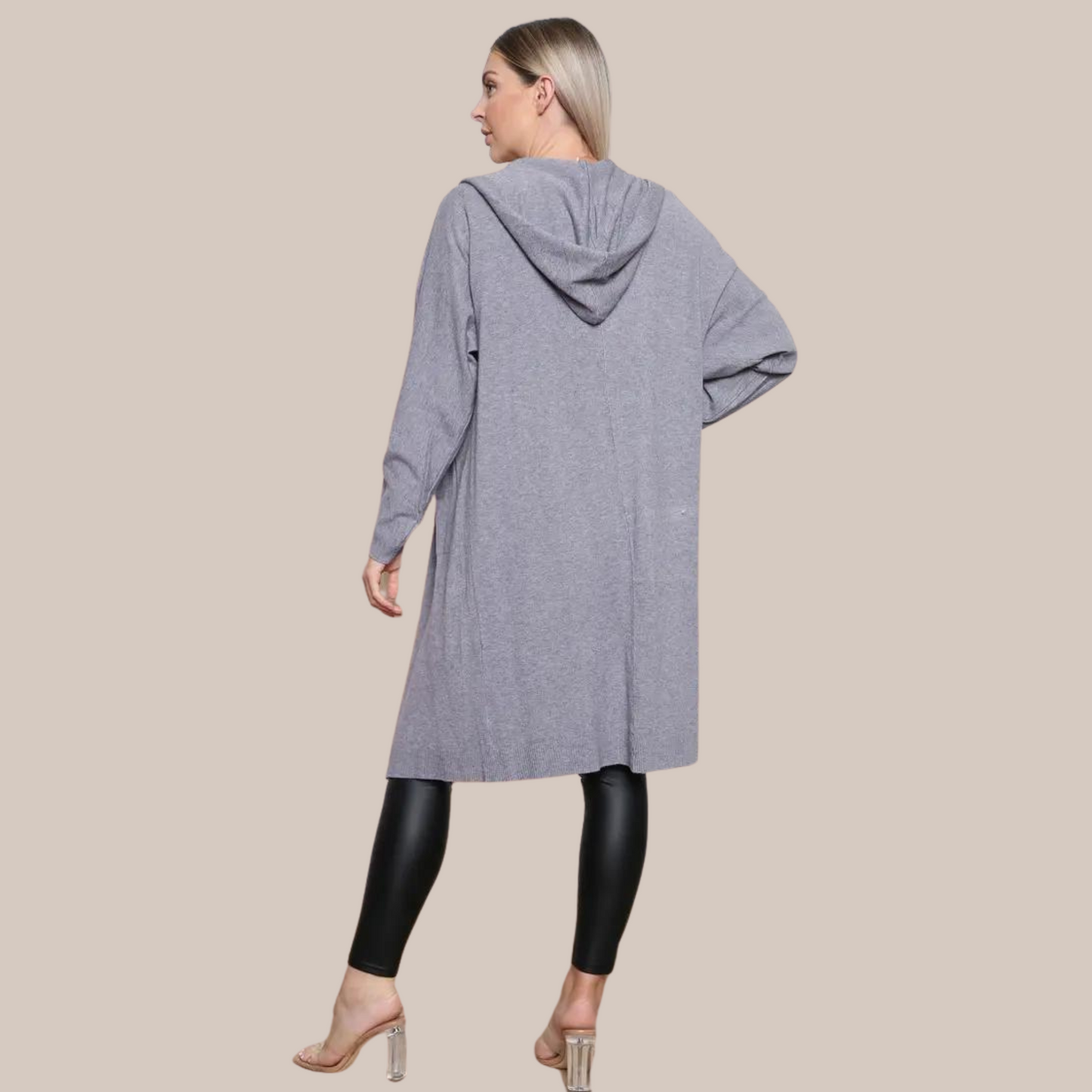 Long sleeved hooded cardigan. Also available in grey.