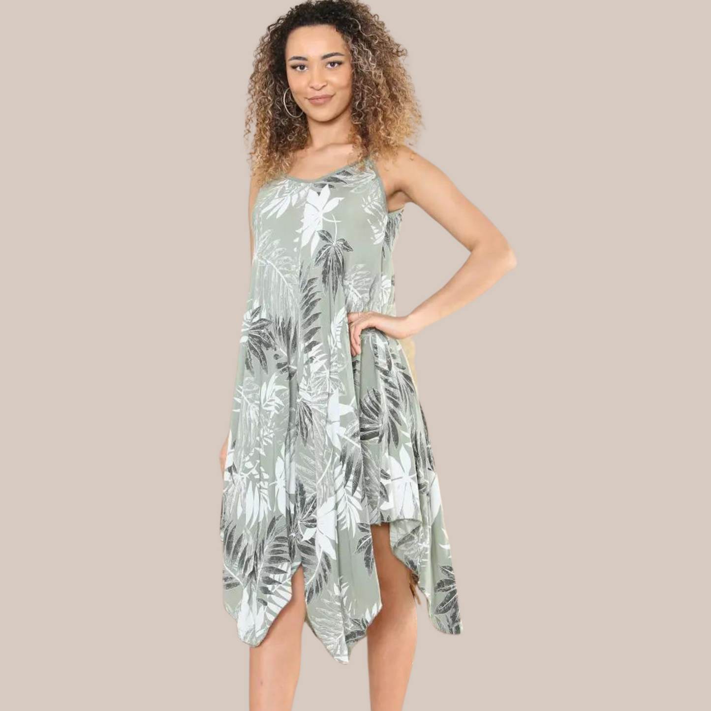 Leaf print handkerchief dress. Available in various colours