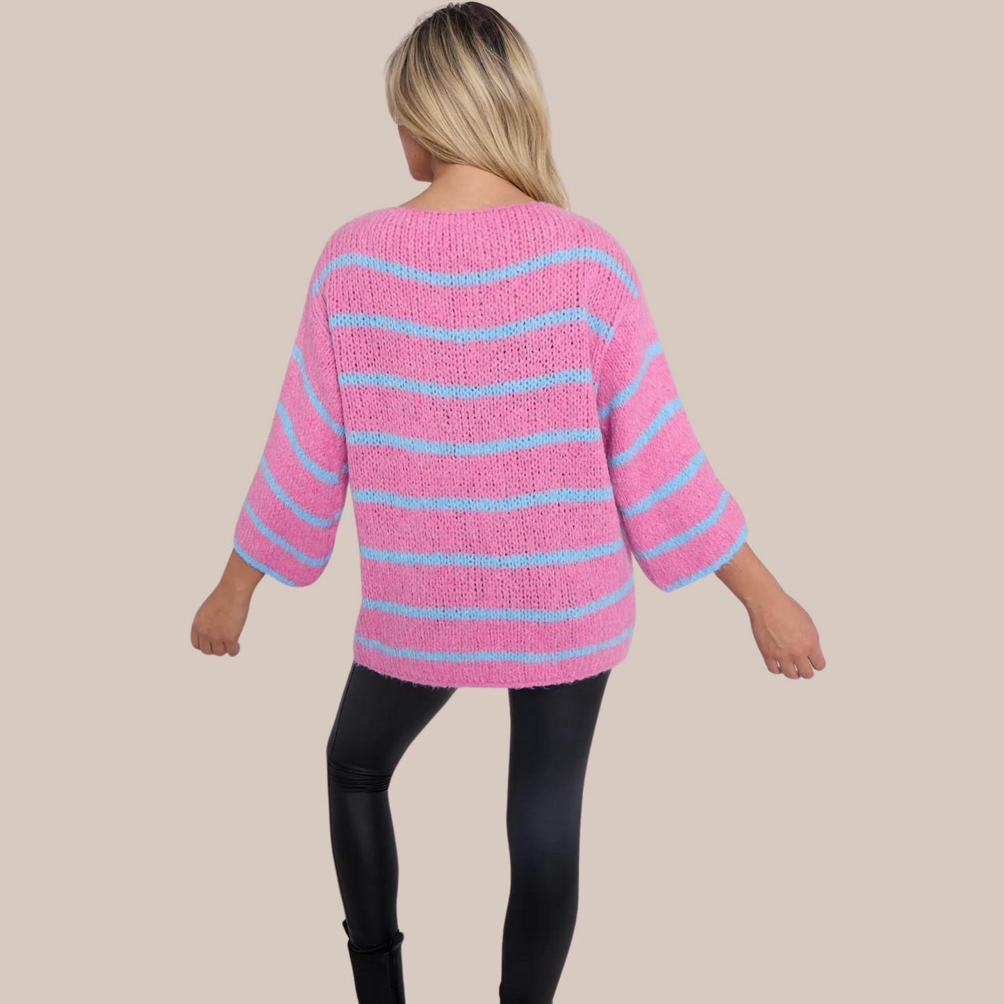 Pink and Blue striped jumper.