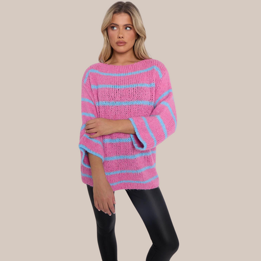 Pink and Blue striped jumper.