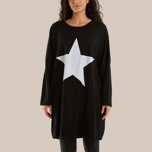 Black foil star side pocket sweatshirt dress.