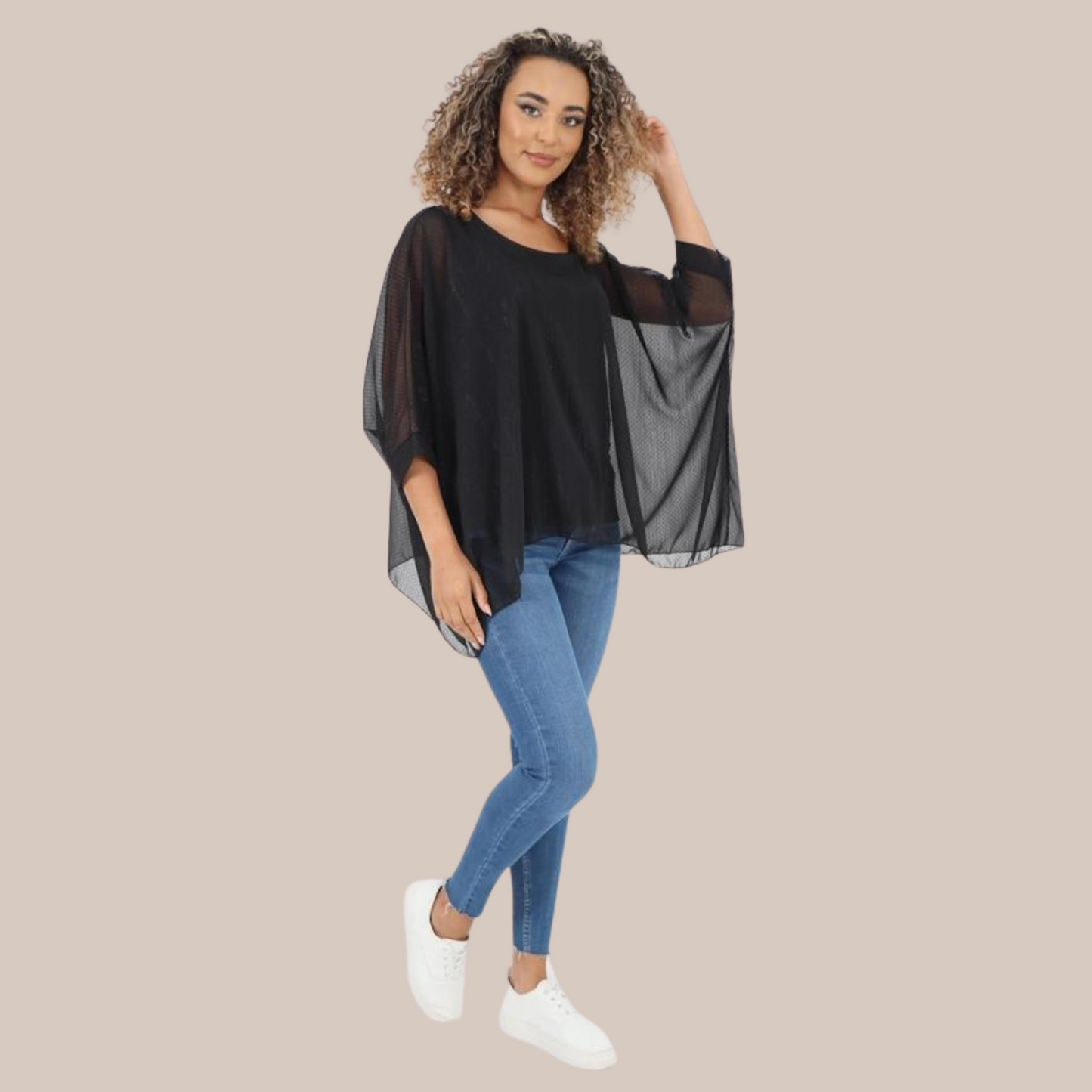 Batwing black dot print sleeved kimono top. Available in various colours.