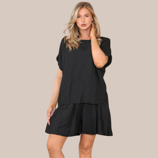 Black Lightweight relaxed fit top and shorts set